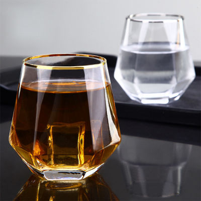 Diamond Geometric Gold Rim Crystal Glass Tumblers , Glass Drinking Cup