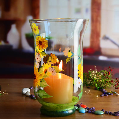 Hand Painted Sunflower Pattern Glass Candle Holders For Home