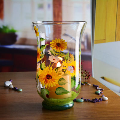 Hand Painted Sunflower Pattern Glass Candle Holders For Home