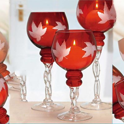 Hand Cutted Design Red Glass Candle Holders With Color Long Stem