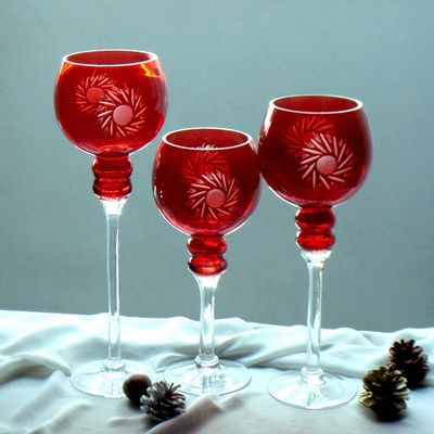 Hand Cutted Design Red Glass Candle Holders With Color Long Stem