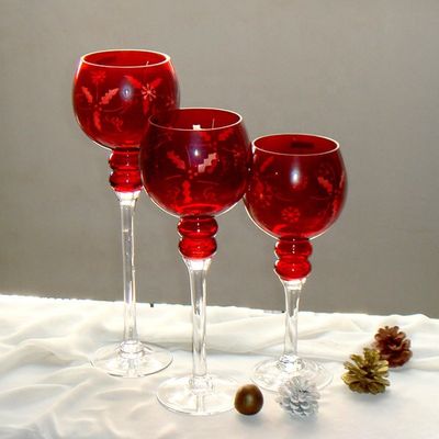 Hand Cutted Design Red Glass Candle Holders With Color Long Stem