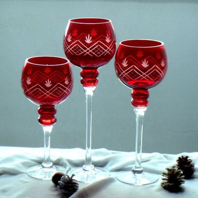 Hand Cutted Design Red Glass Candle Holders With Color Long Stem