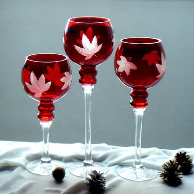 Hand Cutted Design Red Glass Candle Holders With Color Long Stem