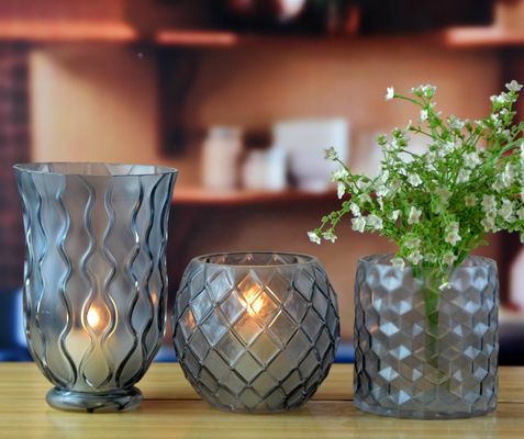 8" Grey Embossed Fence Pattern Glass Candle Holders