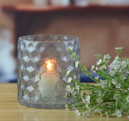 8" Grey Embossed Fence Pattern Glass Candle Holders