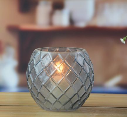 8" Grey Embossed Fence Pattern Glass Candle Holders
