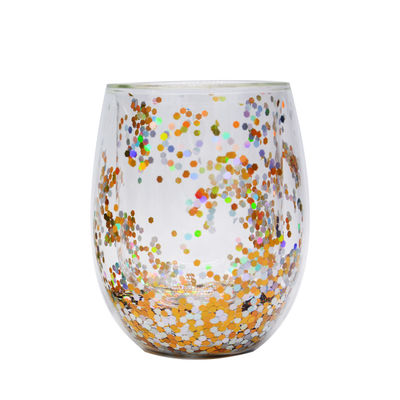13oz Customized Borosilicate Double Wall Tumbler Drinking Glasses With Colorful Glitter Inside