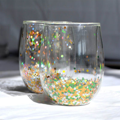 13oz Customized Borosilicate Double Wall Tumbler Drinking Glasses With Colorful Glitter Inside