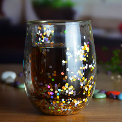 13oz Customized Borosilicate Double Wall Tumbler Drinking Glasses With Colorful Glitter Inside