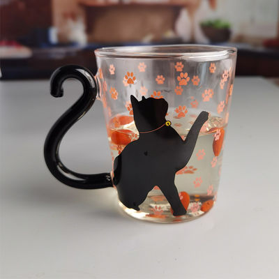 Borosilicate Black Cat Tea Glass Mug With Color Tail Handle