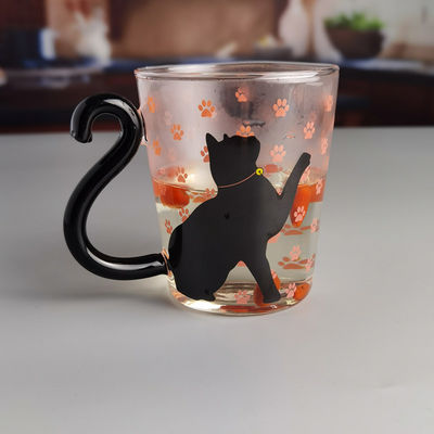 Borosilicate Black Cat Tea Glass Mug With Color Tail Handle