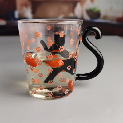 Borosilicate Black Cat Tea Glass Mug With Color Tail Handle