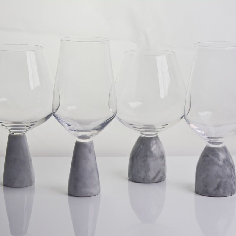 Hand Blown Crystal Wine Glass with Modern Gray Marble Stem Base Ultra Clear Bowl Perfect for Dinner Parties and Everyday