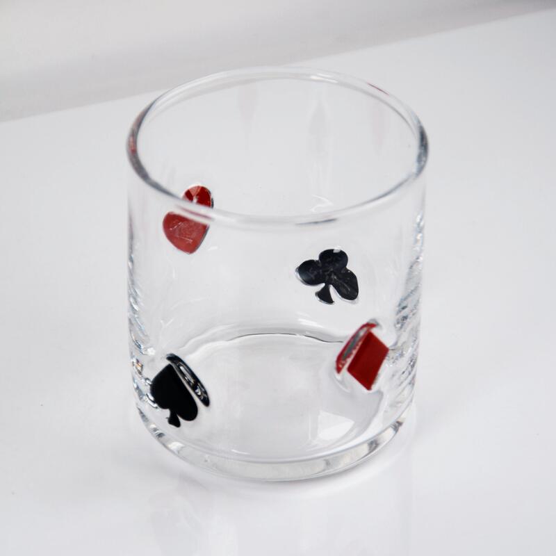 quality Hand Blown Poker Icon Whiskey Glass, 400ml Clear Tumbler With Heart, Spade, Club & Diamond Suits, Old Fashioned Glass For Whiskey, Cocktails, Juice factory