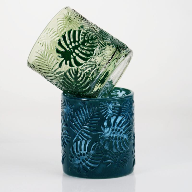 quality Embossed Tropical Monstera Leaf Glass Candle Holder with 200ml Capacity in Lead-Free Crystal Glass factory