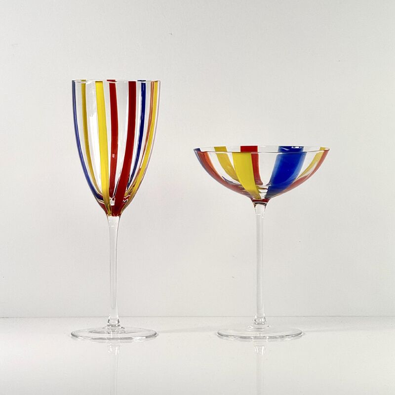 Quality Hand Blown Art Glass Goblet & Coupe Glass Set, Vibrant Red Yellow Blue Vertical Cane Stripes Murano Style Stemmed Wine & Martini Glasses for Bar, Party & Gift factory