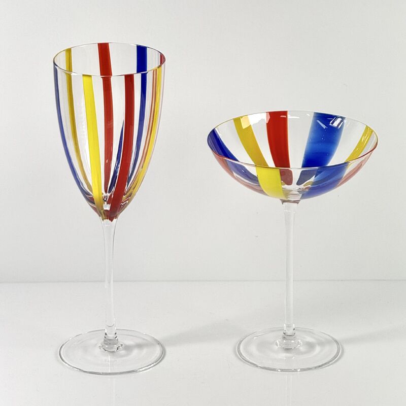 Quality Hand Blown Art Glass Goblet & Coupe Glass Set, Vibrant Red Yellow Blue Vertical Cane Stripes Murano Style Stemmed Wine & Martini Glasses for Bar, Party & Gift factory