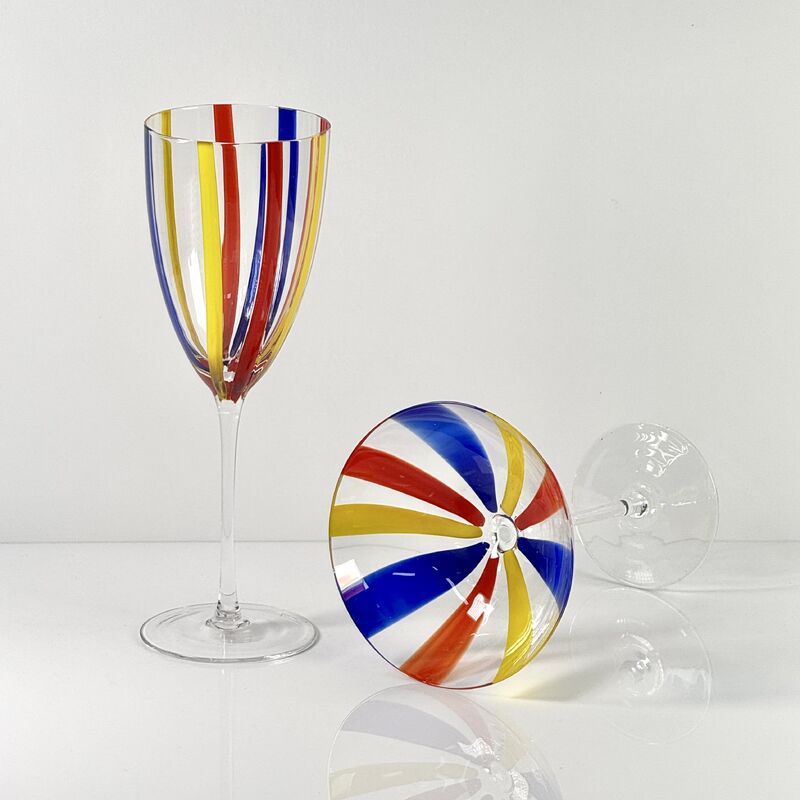 Quality Hand Blown Art Glass Goblet & Coupe Glass Set, Vibrant Red Yellow Blue Vertical Cane Stripes Murano Style Stemmed Wine & Martini Glasses for Bar, Party & Gift factory