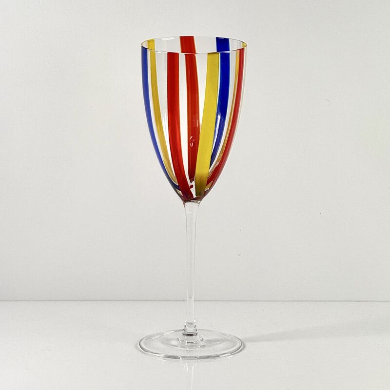 Quality Hand Blown Art Glass Goblet & Coupe Glass Set, Vibrant Red Yellow Blue Vertical Cane Stripes Murano Style Stemmed Wine & Martini Glasses for Bar, Party & Gift factory