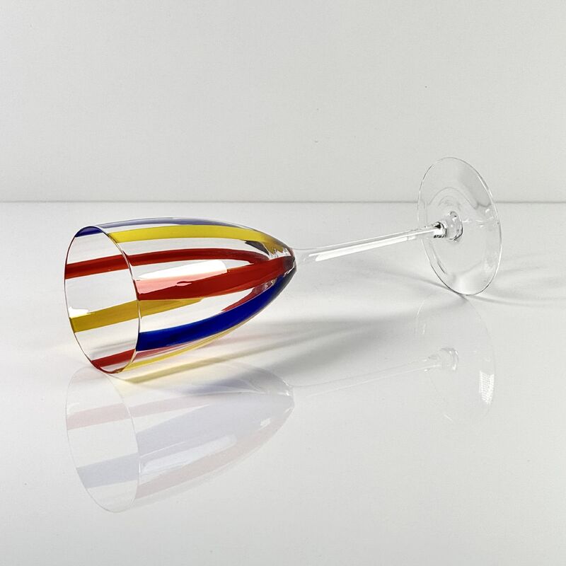 Quality Hand Blown Art Glass Goblet & Coupe Glass Set, Vibrant Red Yellow Blue Vertical Cane Stripes Murano Style Stemmed Wine & Martini Glasses for Bar, Party & Gift factory