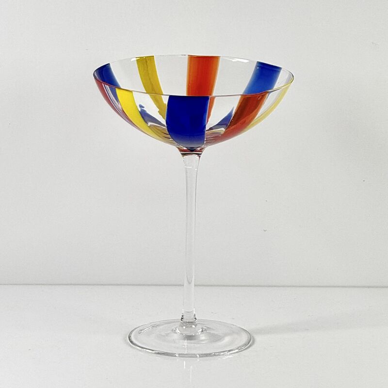 Quality Hand Blown Art Glass Goblet & Coupe Glass Set, Vibrant Red Yellow Blue Vertical Cane Stripes Murano Style Stemmed Wine & Martini Glasses for Bar, Party & Gift factory
