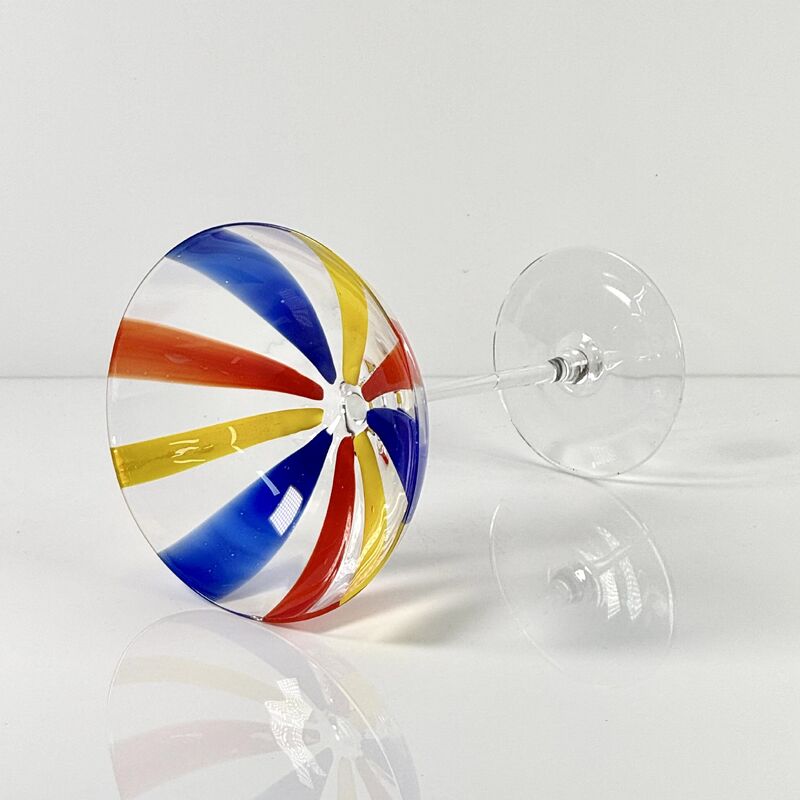 Quality Hand Blown Art Glass Goblet & Coupe Glass Set, Vibrant Red Yellow Blue Vertical Cane Stripes Murano Style Stemmed Wine & Martini Glasses for Bar, Party & Gift factory