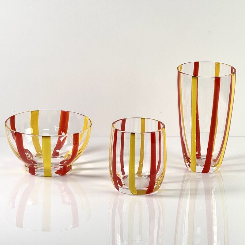 Quality Hand Blown Colored Cane Striped Glass Tumbler & Bowl Set, Murano Style Red Yellow Vertical Stripe Drinking Cups and Snack Bowl, Lead-Free Art Glass for Water, Juice, Table Decor factory