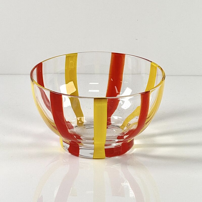 Quality Hand Blown Colored Cane Striped Glass Tumbler & Bowl Set, Murano Style Red Yellow Vertical Stripe Drinking Cups and Snack Bowl, Lead-Free Art Glass for Water, Juice, Table Decor factory