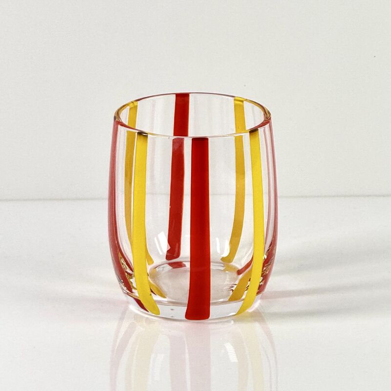 Quality Hand Blown Colored Cane Striped Glass Tumbler & Bowl Set, Murano Style Red Yellow Vertical Stripe Drinking Cups and Snack Bowl, Lead-Free Art Glass for Water, Juice, Table Decor factory