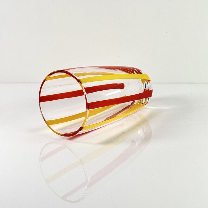 Quality Hand Blown Colored Cane Striped Glass Tumbler & Bowl Set, Murano Style Red Yellow Vertical Stripe Drinking Cups and Snack Bowl, Lead-Free Art Glass for Water, Juice, Table Decor factory