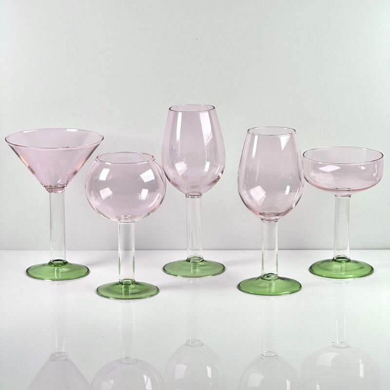 Quality Hand Blown Borosilicate Stemmed Wine & Cocktail Glass Set, Pink Bowl with Green Hollow Stem Base, Colored Spray Tinted Art Goblets for Bar, Wedding & Table Decor factory