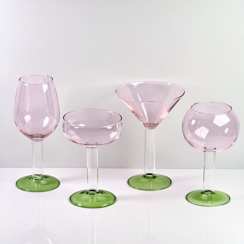Quality Hand Blown Borosilicate Stemmed Wine & Cocktail Glass Set, Pink Bowl with Green Hollow Stem Base, Colored Spray Tinted Art Goblets for Bar, Wedding & Table Decor factory