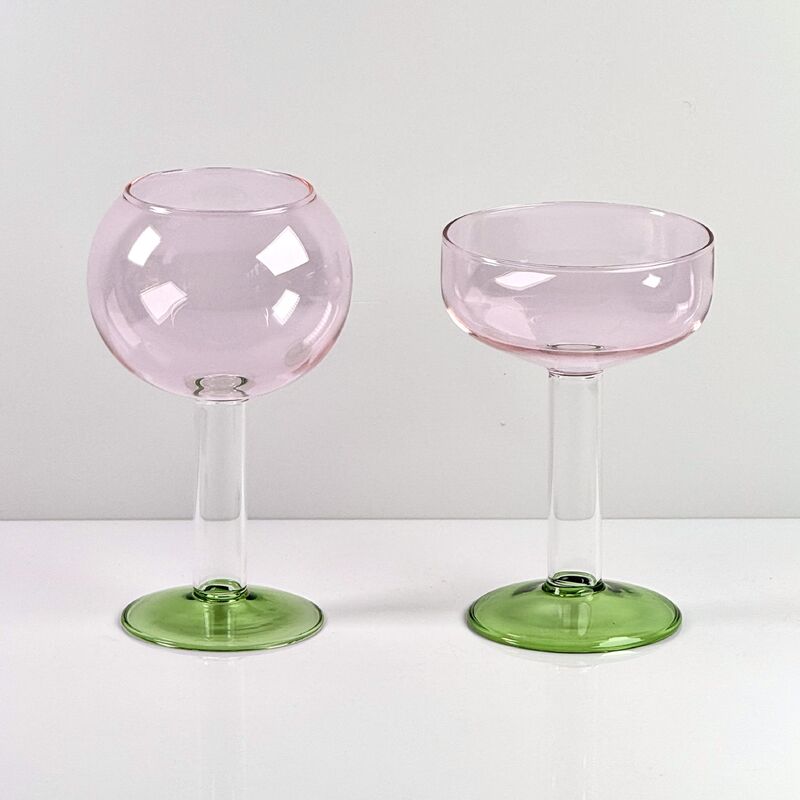 Quality Hand Blown Borosilicate Stemmed Wine & Cocktail Glass Set, Pink Bowl with Green Hollow Stem Base, Colored Spray Tinted Art Goblets for Bar, Wedding & Table Decor factory