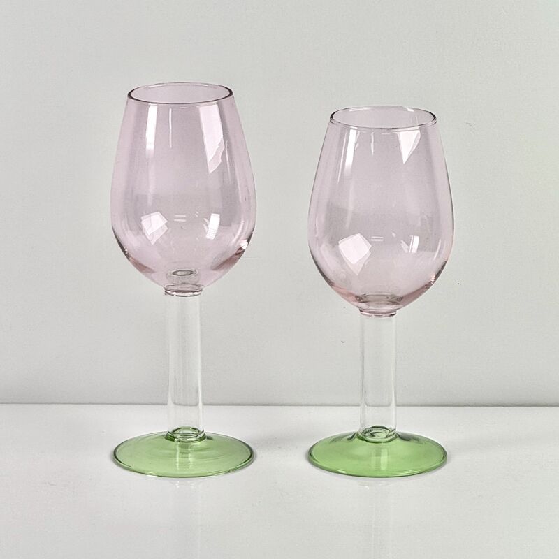 Quality Hand Blown Borosilicate Stemmed Wine & Cocktail Glass Set, Pink Bowl with Green Hollow Stem Base, Colored Spray Tinted Art Goblets for Bar, Wedding & Table Decor factory