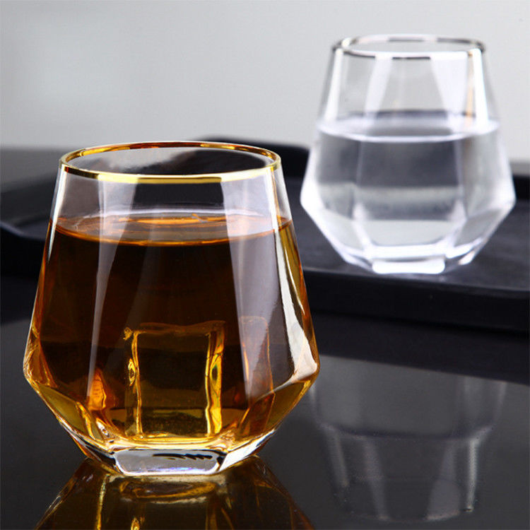 Diamond Geometric Gold Rim Crystal Glass Tumblers , Glass Drinking Cup