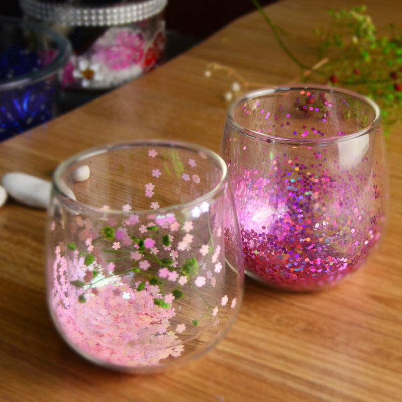 quality Customized Double Wall Glass Coffee Cup Decorative Glitter Tumbler Drinking Glasses factory