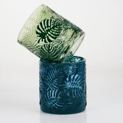 quality Embossed Tropical Monstera Leaf Glass Candle Holder with 200ml Capacity in Lead-Free Crystal Glass factory