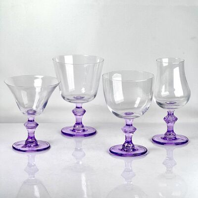 quality 4‑Pack Vintage Purple Stem Wine Glasses, Assorted Shapes Clear Cup with Decorative Purple Stem, Handblown Glass Goblets for Wedding Party Home Tabletop Decoration factory