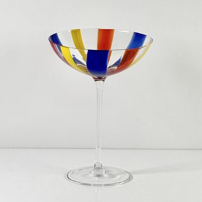 Quality Hand Blown Art Glass Goblet & Coupe Glass Set, Vibrant Red Yellow Blue Vertical Cane Stripes Murano Style Stemmed Wine & Martini Glasses for Bar, Party & Gift factory