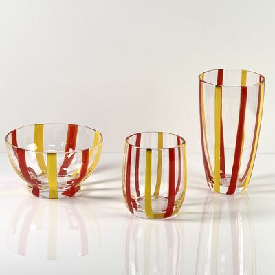 Quality Hand Blown Colored Cane Striped Glass Tumbler & Bowl Set, Murano Style Red Yellow Vertical Stripe Drinking Cups and Snack Bowl, Lead-Free Art Glass for Water, Juice, Table Decor factory