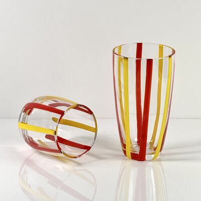 Quality Hand Blown Colored Cane Striped Glass Tumbler & Bowl Set, Murano Style Red Yellow Vertical Stripe Drinking Cups and Snack Bowl, Lead-Free Art Glass for Water, Juice, Table Decor factory
