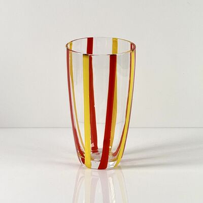 Quality Hand Blown Colored Cane Striped Glass Tumbler & Bowl Set, Murano Style Red Yellow Vertical Stripe Drinking Cups and Snack Bowl, Lead-Free Art Glass for Water, Juice, Table Decor factory