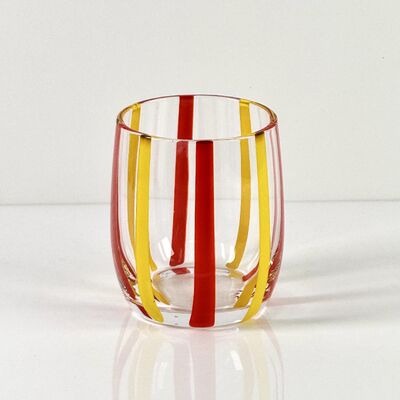Quality Hand Blown Colored Cane Striped Glass Tumbler & Bowl Set, Murano Style Red Yellow Vertical Stripe Drinking Cups and Snack Bowl, Lead-Free Art Glass for Water, Juice, Table Decor factory