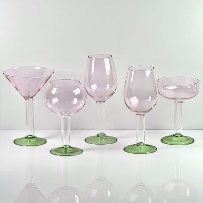 Quality Hand Blown Borosilicate Stemmed Wine & Cocktail Glass Set, Pink Bowl with Green Hollow Stem Base, Colored Spray Tinted Art Goblets for Bar, Wedding & Table Decor factory