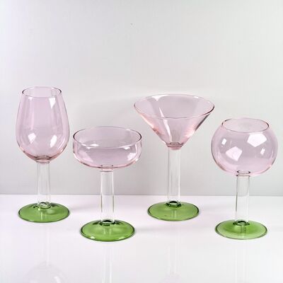 Quality Hand Blown Borosilicate Stemmed Wine & Cocktail Glass Set, Pink Bowl with Green Hollow Stem Base, Colored Spray Tinted Art Goblets for Bar, Wedding & Table Decor factory