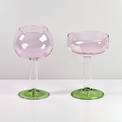Quality Hand Blown Borosilicate Stemmed Wine & Cocktail Glass Set, Pink Bowl with Green Hollow Stem Base, Colored Spray Tinted Art Goblets for Bar, Wedding & Table Decor factory