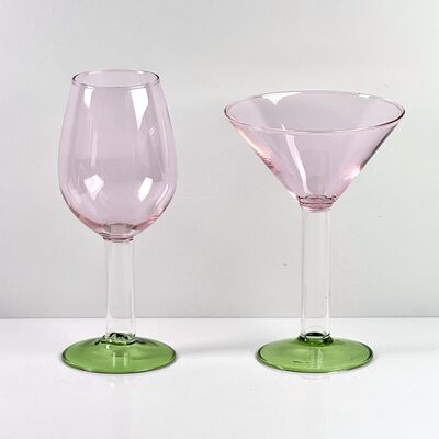 Quality Hand Blown Borosilicate Stemmed Wine & Cocktail Glass Set, Pink Bowl with Green Hollow Stem Base, Colored Spray Tinted Art Goblets for Bar, Wedding & Table Decor factory