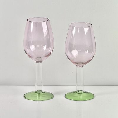 Quality Hand Blown Borosilicate Stemmed Wine & Cocktail Glass Set, Pink Bowl with Green Hollow Stem Base, Colored Spray Tinted Art Goblets for Bar, Wedding & Table Decor factory
