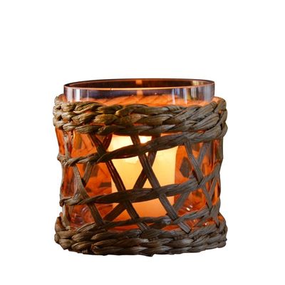 quality Round Creative Glass Candle Holders With Wicker Sleeve factory